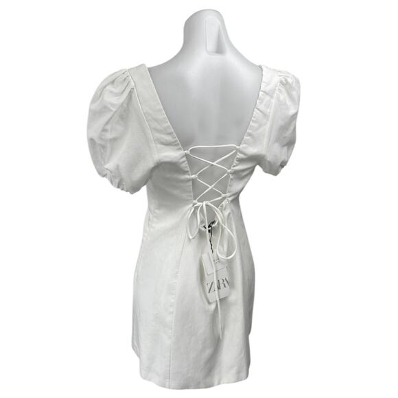 NEW Zara White Short Puff Sleeve Lace Up Back Square Neck Mini A Line Dress XL - Picture 2 of 6